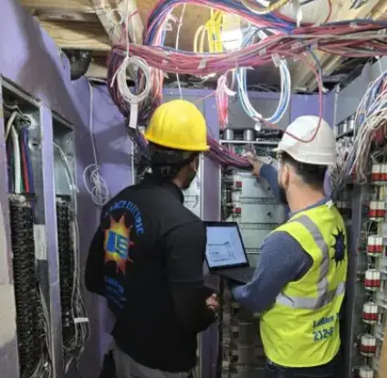 Two men in hard hats and vests working on a building.