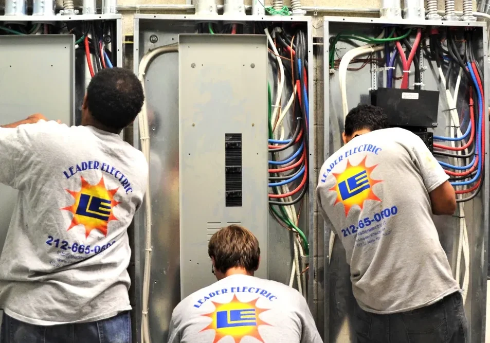 Three men working on a power board.